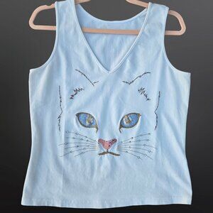 Vintage 80s Cat Face Tank Top size M Embroidered Rhinestone White V Neck